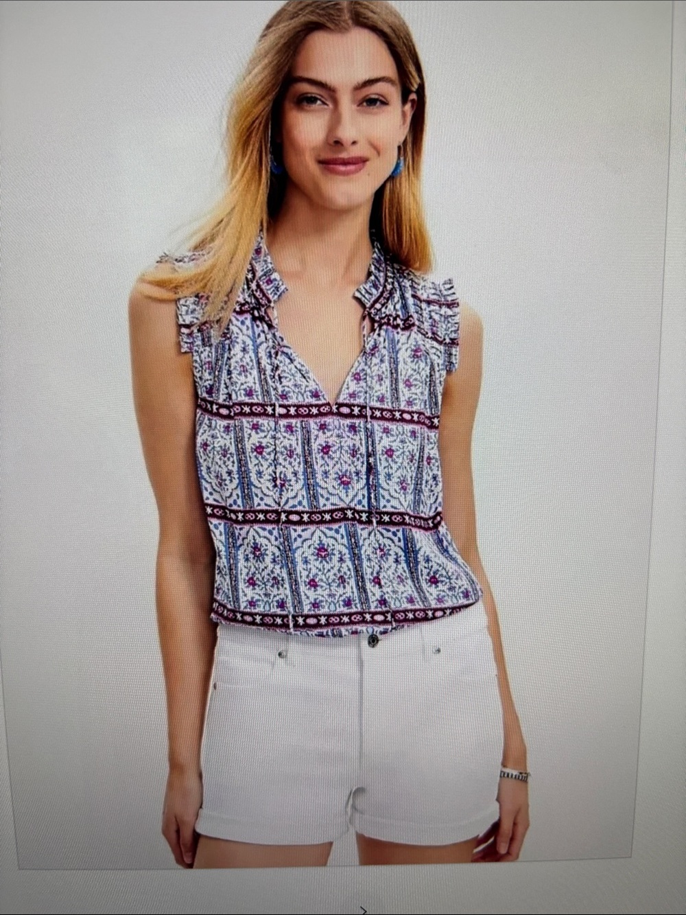 LOFT size LP (Large Petite) Blue, Purple, White V-Neck, Ruffle Shoulder Detail